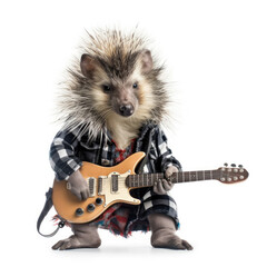 A Porcupine (Hystricidae) with a punk rocker's outfit and guitar.
