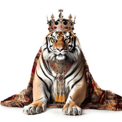 Obraz premium A Bengal Tiger (Panthera tigris tigris) with a royal king's robe and crown.