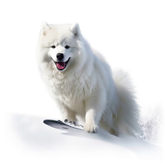 A Samoyed (Canis lupus familiaris) as a snowboarder, sliding down a tiny hill.
