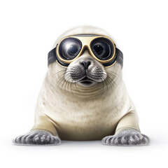 A Harp Seal (Pagophilus groenlandicus) with a snowboarding goggles and hat.