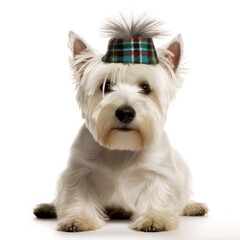 A West Highland White Terrier (Canis lupus familiaris) in a kilt and tam o'shanter hat.
