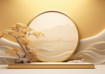 Gold product background stand or podium pedestal on luxury advertising display with japanes backdrops. AI Generative.