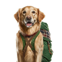 A Golden Retriever (Canis lupus familiaris) with a green cap and red backpack.