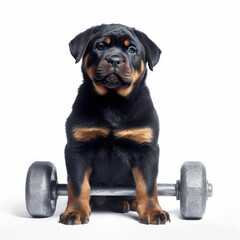 A Rottweiler (Canis lupus familiaris) as a bodybuilder, lifting a tiny dumbbell.