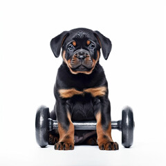 A Rottweiler (Canis lupus familiaris) as a bodybuilder, lifting a tiny dumbbell.