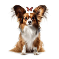 A Papillon (Canis lupus familiaris) in a butterfly costume, spreading its wings.