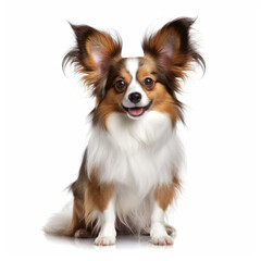 A Papillon (Canis lupus familiaris) in a butterfly costume, spreading its wings.