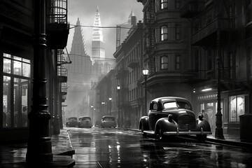 black and white photo of old town. retro city. Generative AI