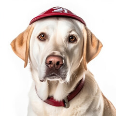 A Labrador Retriever (Canis lupus familiaris) in a baseball uniform with a cap.