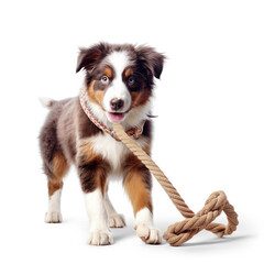 A Australian Shepherd (Canis lupus familiaris) as a cowboy, lassoing a toy cow.