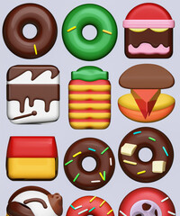 Tasty bites food, watermelon, donut, corn, chocolate, cheese, ice cream.