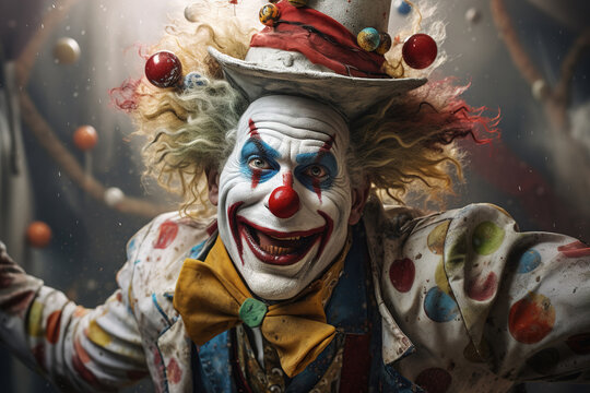 Scary fat clown with rotten teeth, strange creepy man in jester costume and make-up in circus looking at camera