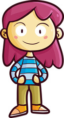 Funny long hair woman with red hair facing front smiling cartoon illustration