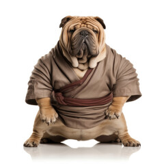 A Shar Pei (Canis lupus familiaris) as a sumo wrestler, posing in a sumo stance.