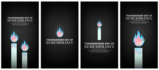 Set of Transgender Day of Remembrance Social Media Story Designs. Transgender Day of Remembrance Greeting Card Posters with burning candles using trans pride colors on dark background. Vector. EPS 10 - obrazy, fototapety, plakaty
