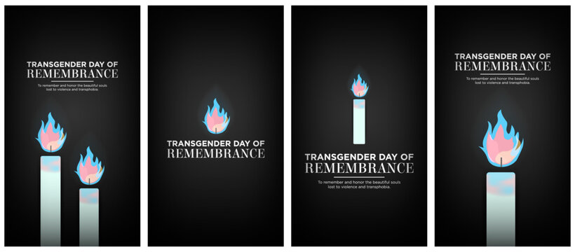 Set of Transgender Day of Remembrance Social Media Story Designs. Transgender Day of Remembrance Greeting Card Posters with burning candles using trans pride colors on dark background. Vector. EPS 10