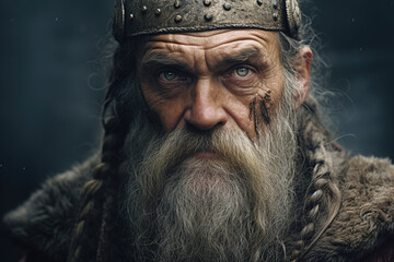 Portrait of an old gray-haired barbarian warrior with bloody wound on his face looking at camera, outdoors