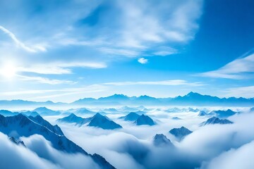 Fototapeta na wymiar Blue sky background and white clouds soft focus and mountain, Copy space horizontal shape | Generative AI