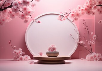Abstract minimal scene with geometric forms. cylinder podium in pink background with pink sakura flower. product presentation, mockup, show product, podium, stage pedestal or platform. AI Generative
