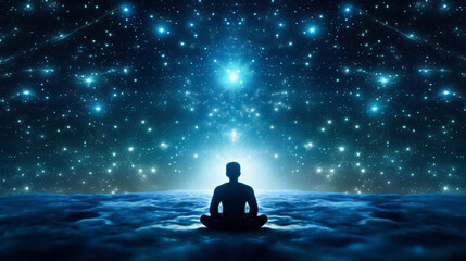 a scene that shows how you can reach a higher level of awareness. The picture shows a guy taking it easy under a starry sky. The person is sitting in the lotus pose with their eyes closed 