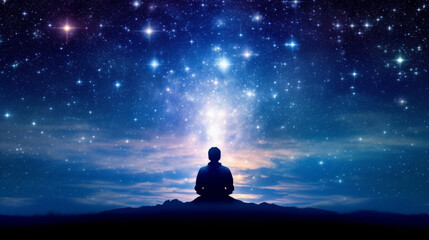 a scene that shows how a higher state of awareness is reached. The picture shows a person relaxing under a sky with many stars. The person is sitting in the lotus position with their eyes closed 