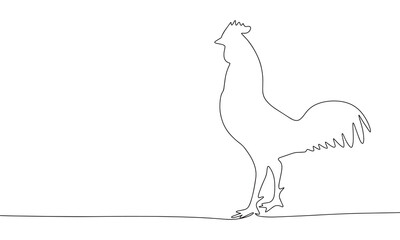 Rooster silhouette, one line continuous vector illustration. Line art, outline, hand drawn farm banner concept.