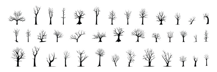Silhouette Dead Tree without Leaves Set. Large collection Scary trees for Halloween decoration. Creepy tree. Vector illustration. - obrazy, fototapety, plakaty