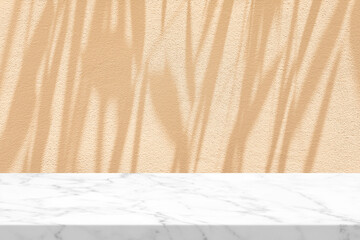 White Marble Table with Grass Leaves Shadow on Beige Stucco Wall Texture Background, Suitable for Product Presentation Backdrop, Display, and Mock up.