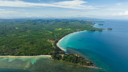 Aerial view of island of Borneo with rainforest and mountains. The Tip of Borneo, Malaysia.