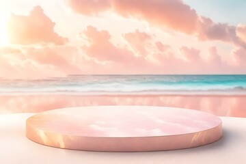 Fototapeta na wymiar Stone Podium table top floor outdoor on sky pink gold pastel soft cloud blurred background. Pedestal presents promotion stand display, Summer Paradise dreamy concept, Generative AI