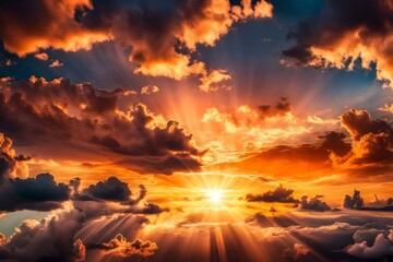 Fototapeta na wymiar Sunset sky with sun rays and sunset clouds, Generative AI