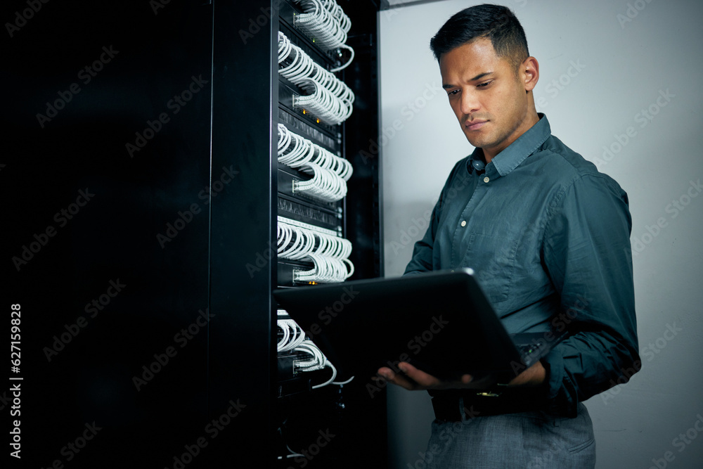 Poster IT engineer man, laptop and server for inspection, thinking or troubleshooting with analysis, night or programming. Information technology expert, computer or database with problem solving mindset