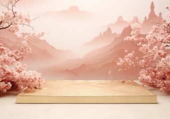 Abstract minimal scene with geometric forms. gold cylinder podium in pink background with pink sakura flower. product presentation, mockup, show product, podium, stage pedestal or platform.