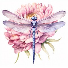 Dragonfly Flower Watercolor Clipart, Watercolor Dragonfly Flower, Generated by AI