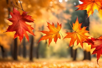 Naklejka na ściany i meble Web Banner design for Autumn season and end-year activity with red and yellow maple leaves with soft focus light and bokeh background, Generative AI