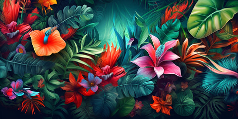 Obraz na płótnie Canvas Neon tropical flowers and leaves dark background
