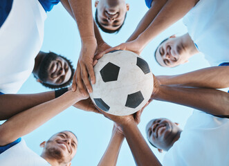 Soccer ball, support or team in a huddle for motivation, goals or group mission for a sports game...