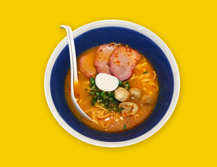 Tom Yum Ramen with Chashu Pork, fusion food, Thai style, topview, isolated, yellow background