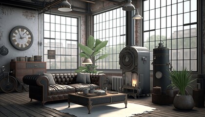 Well equipped industrial interior style spacious living room with brick and concrete walls , leather couch and coffee table