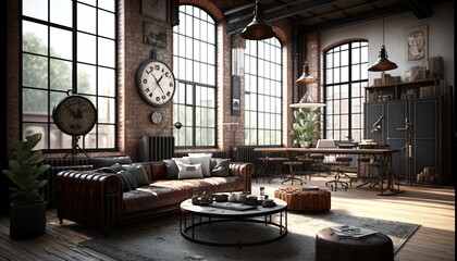 Well equipped industrial interior style spacious living room with brick and concrete walls , leather couch and coffee table