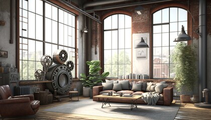 Well equipped industrial interior style spacious living room with brick and concrete walls , leather couch and coffee table