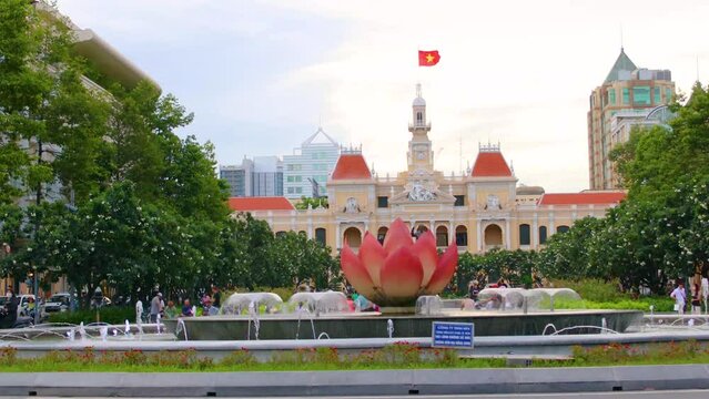 Ho Chi Minh City, Vietnam - July 24, 2023: People's Committee Building on Nguyen Hue Pedestrian Street in District 1 in the downtown area.