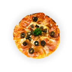 Pizza with smoked ham and black olives isolated on white background, isolated pizza, Italian food.