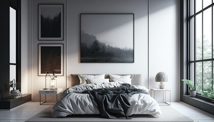 Light colored modern minimalistic bedroom interior with framed pictures on the wall, and a double bed with blanket