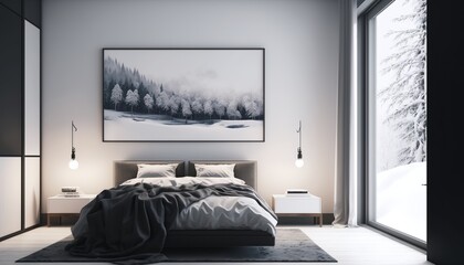 Light colored modern minimalistic bedroom interior with framed pictures on the wall, and a double bed with blanket