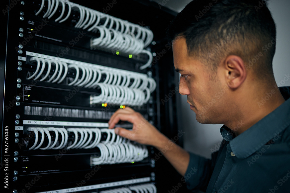 Poster Database, server room and engineer with man for maintenance, programmer and cyber security. Technology, developer and it solution with closeup of person for cloud computing, coding and software
