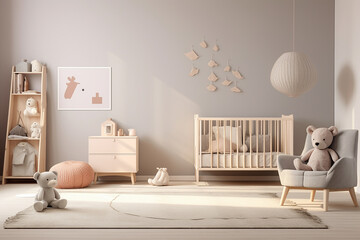 Interior of child room with crib and toys, 3d render
