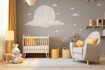 3D rendering of a childrens room with a crib and a pillow