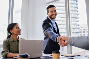 Business meeting, smile and handshake, people with b2b deal or agreement for startup opportunity in office. Hand shake, partnership and welcome, happy businessman shaking hands for onboarding support