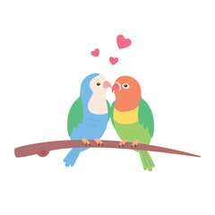 Set of types of birds. A lovebird couple sits affectionately on a branch.